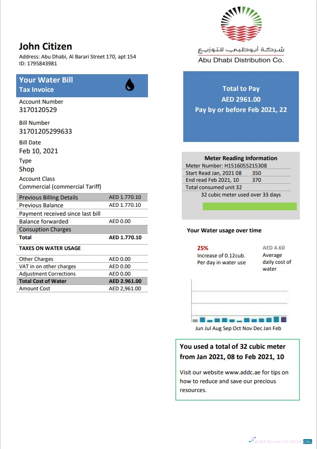 download United Arab Emirates Abu Dhabi Distribution water utility bill template in Word and PDF format PDF template